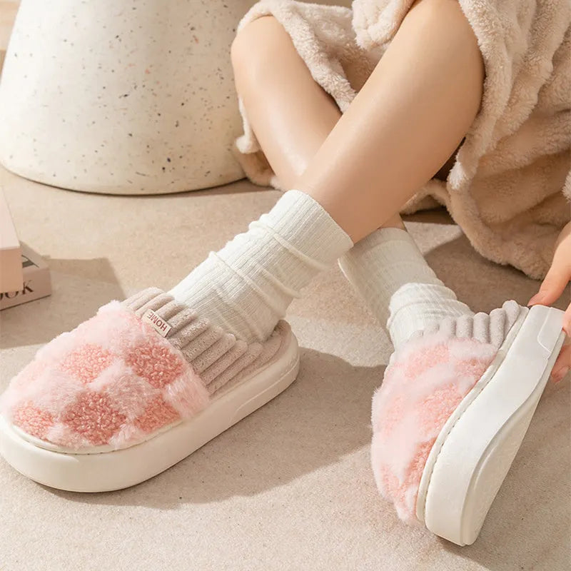 Women's plaid pattern plush slippers with coral velvet upper and PVC anti-slip sole