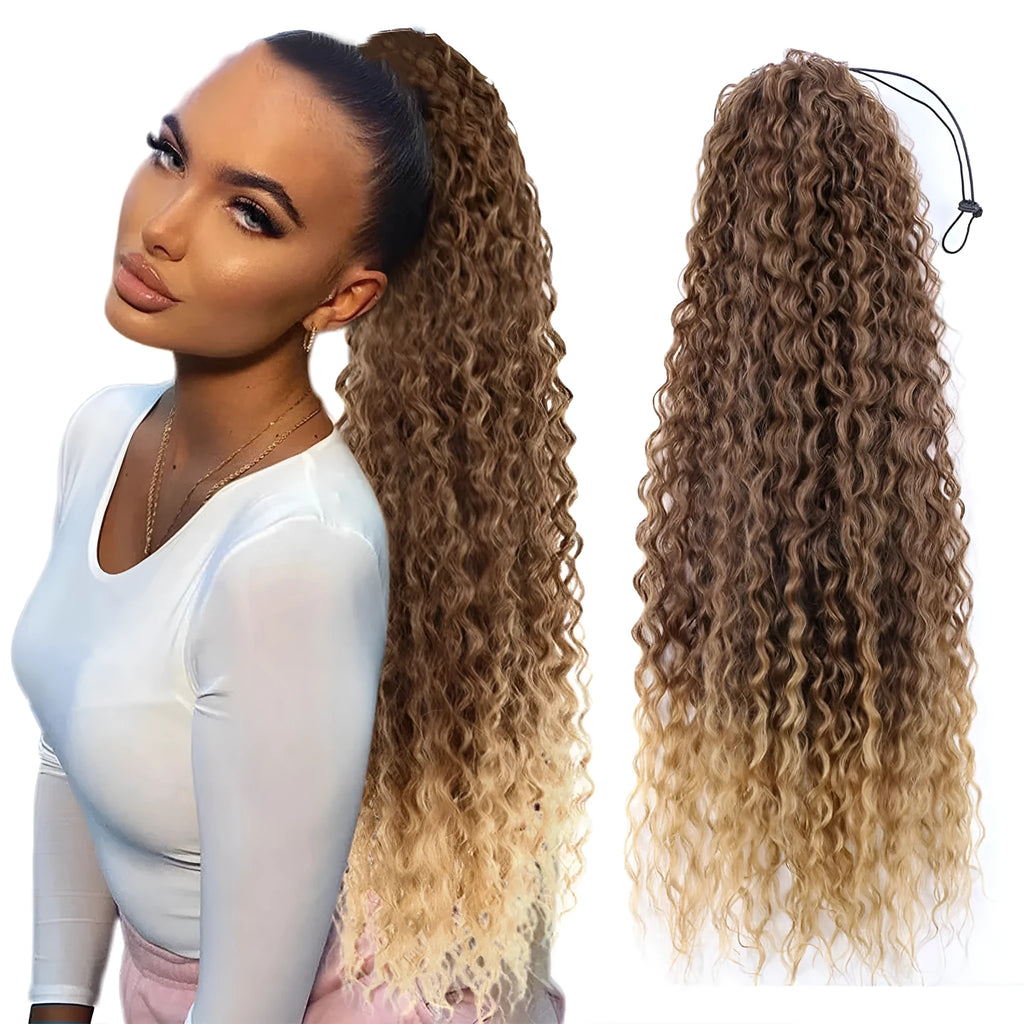 Synthetic drawstring curly ponytail extension in colour T4-27, small roll design for volume