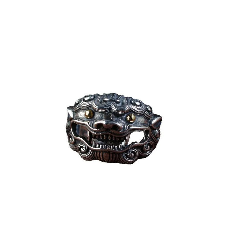Silver open ring with a detailed Jibeast animal zodiac pattern and diamond design on a white background.