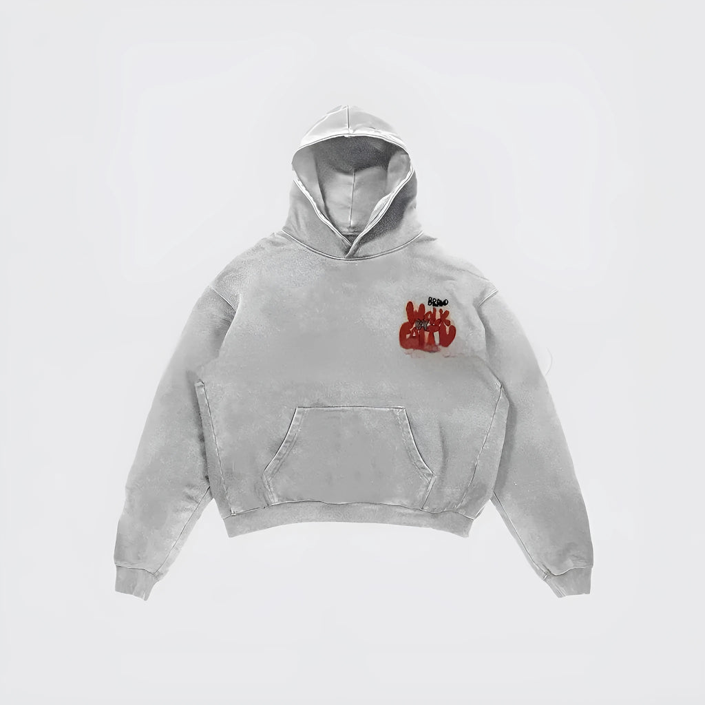 Women's granny grey hoodie with vintage letter print design and front pocket