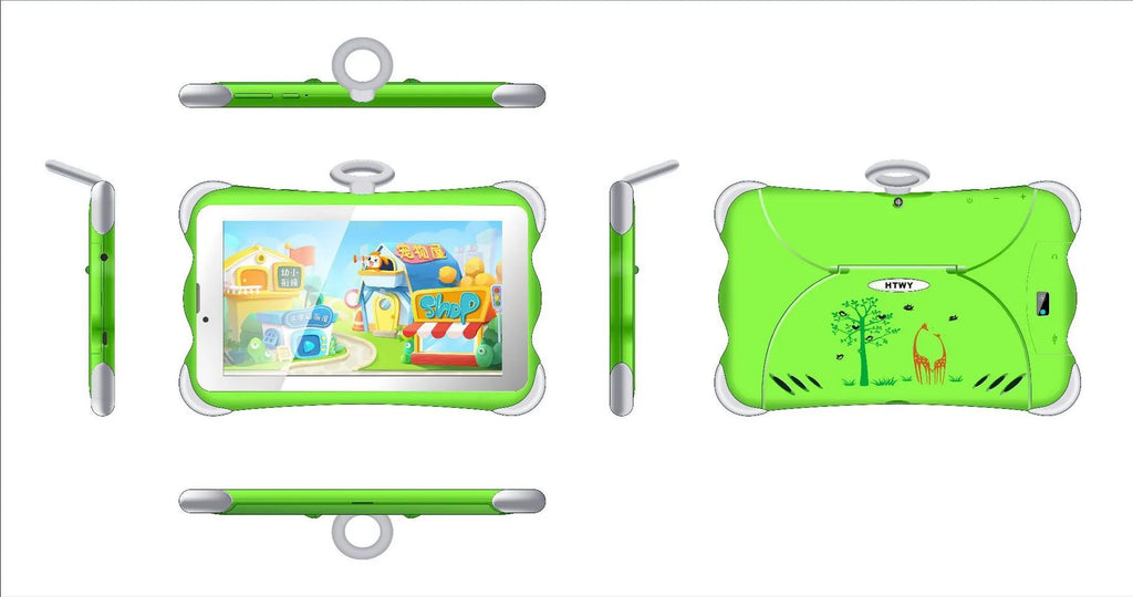 7-inch children's learning tablet with stand in cartoon colours showing IPS screen and 3G calling capability