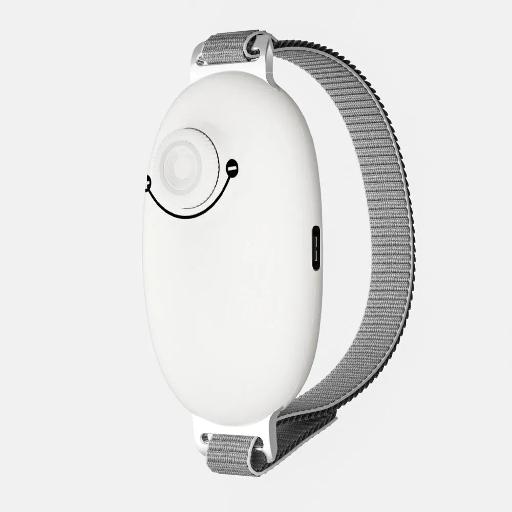 Portable smart sleeping aid instrument with ABS stainless steel body in white, pink, and green colours showing the device and webbing strap