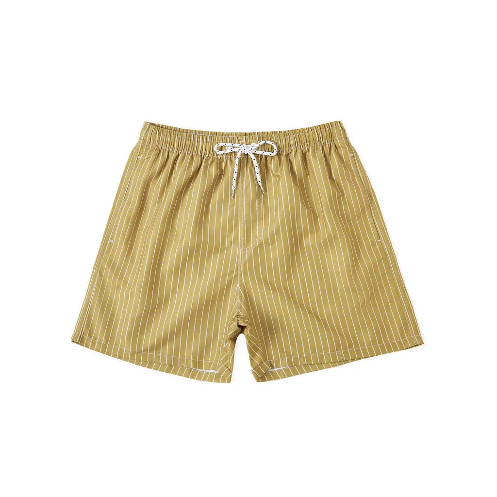 Men's navy blue polyester beach shorts with striped triangle lining and straight leg opening.