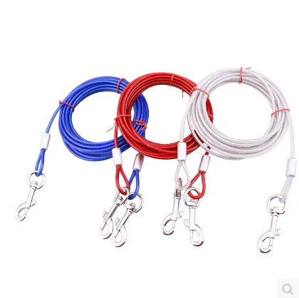 Double-headed dog leash with hand holding rope and steel wire iron chain in blue