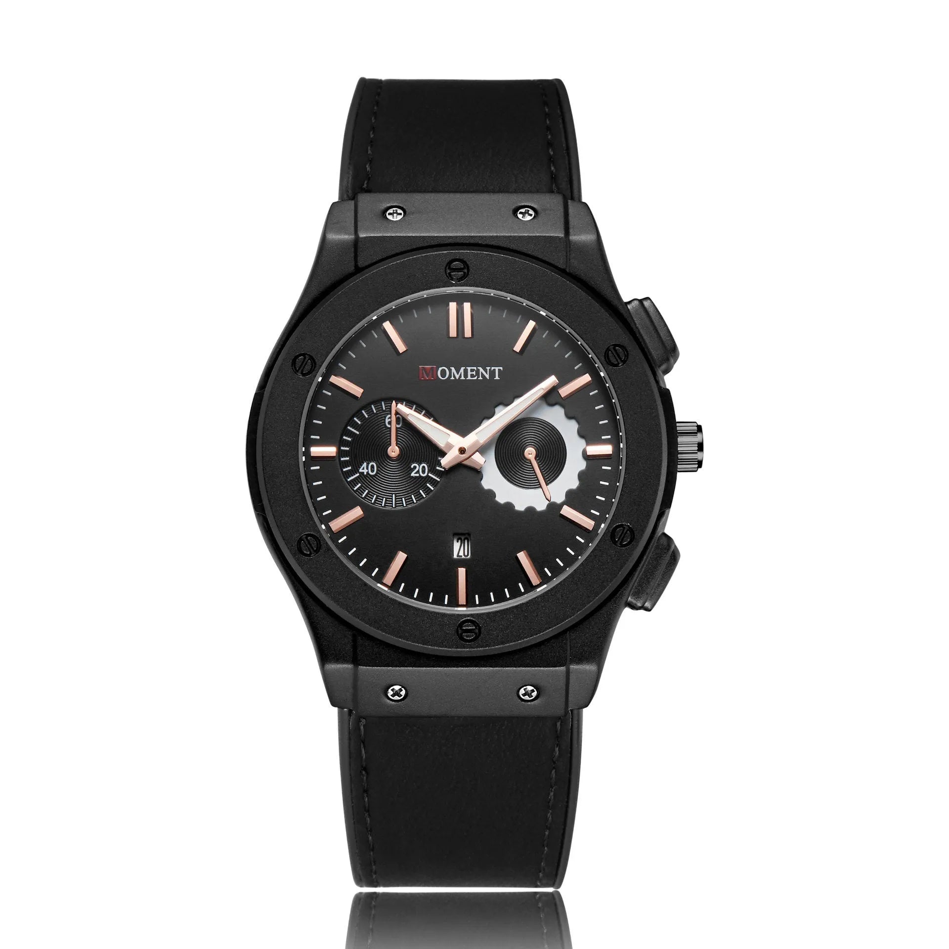 Sports calendar quartz watch with 40mm dial, 11mm thickness, 50m water resistance, stainless steel buckle, black dial
