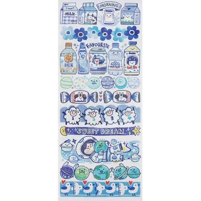 Sheet of cute cartoon character stickers on Japanese paper for medical tape packaging.