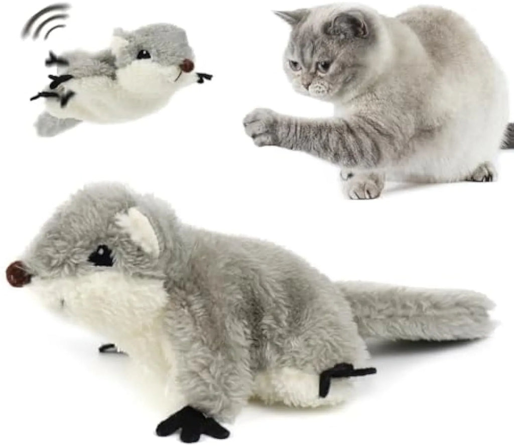 Grey flapping squirrel cat toy with USB charging cable for interactive feline play