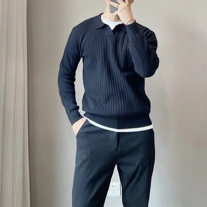 Man wearing a loose striped lapel knitted sweater in light grey, showing rabbit fur and modal blend fabric.