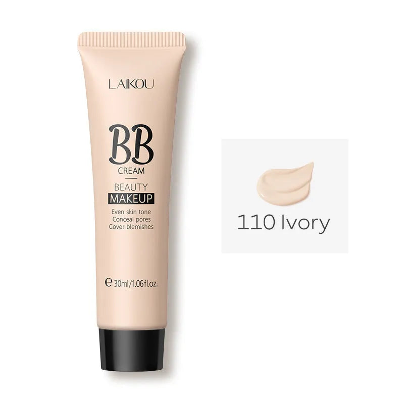 30ml tube of BB cream shown alongside swatches of its nine shades from light ivory to dark brown.