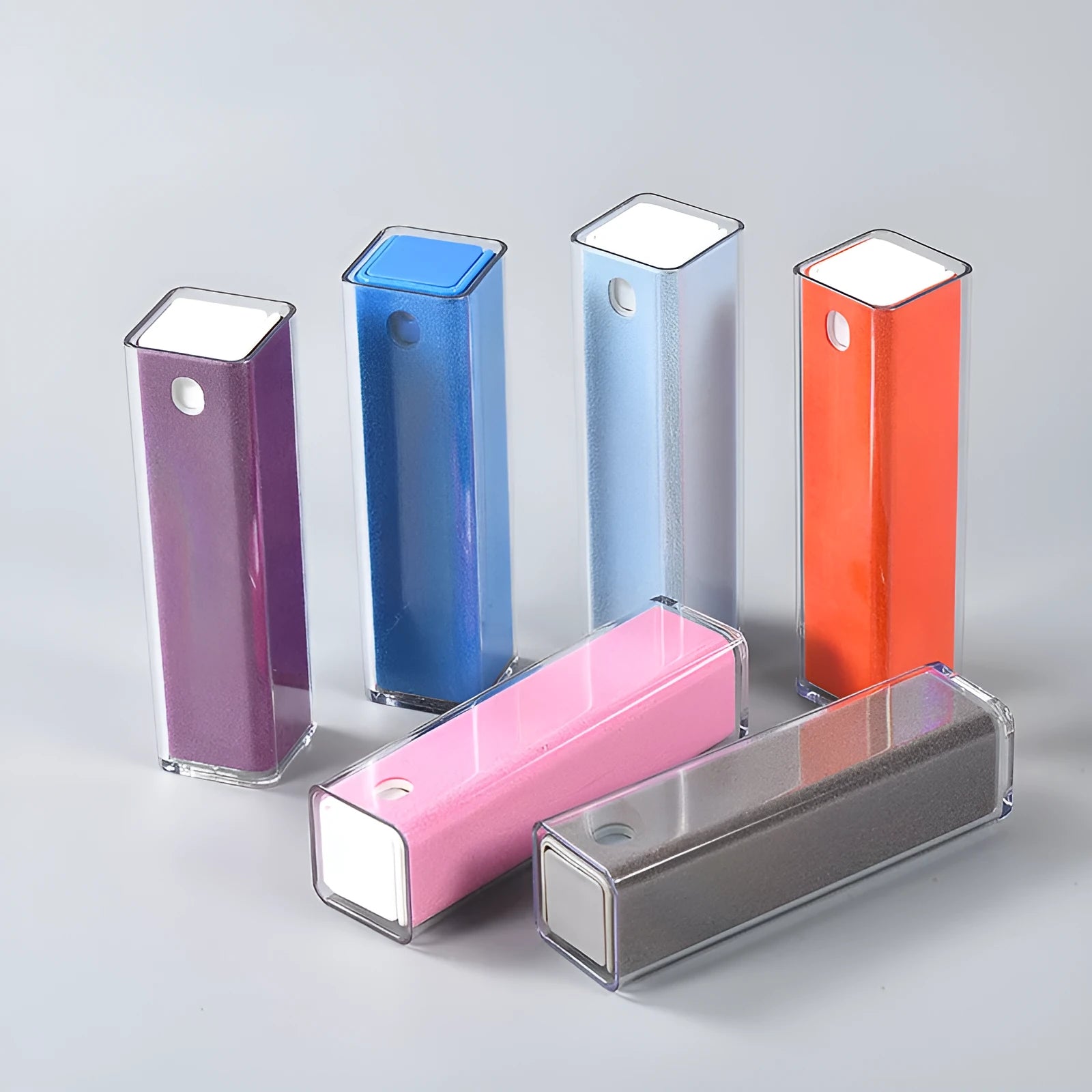 Blue square tube 15ml spray bottle with integrated fibre fleece wiper for cleaning phone and tablet screens.