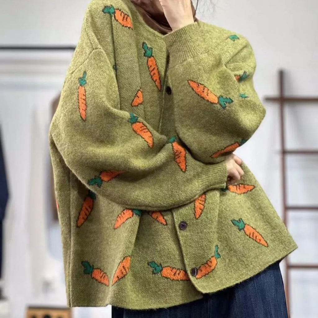 Women's loose grey cardigan with white Mori artistic forest pattern print and colour contrast details.