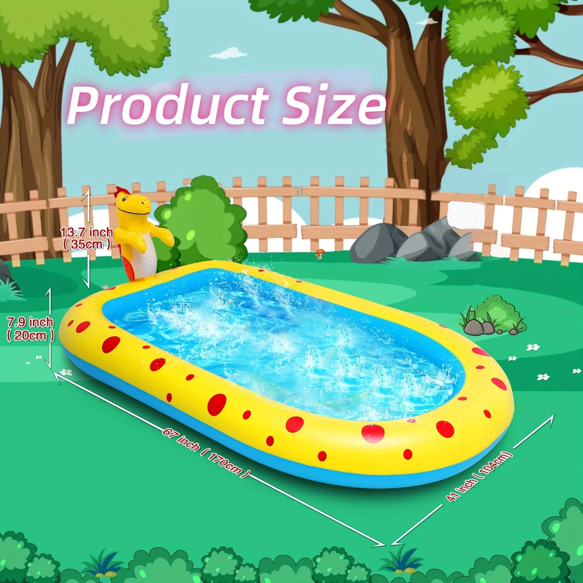 Blue dinosaur and shark themed water spray pool for kids outdoor play measuring 170cm long