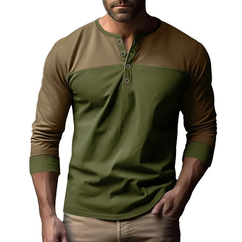 Henry collar casual long sleeve shirt in beaded twill polyester with colour matching details