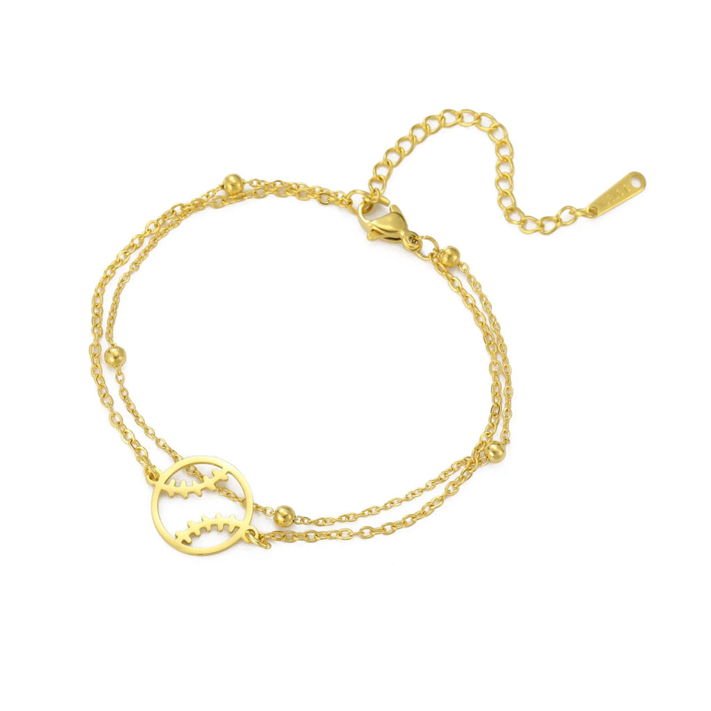 Stainless steel hollow baseball bracelet with double-layer chain in steel colour on wrist
