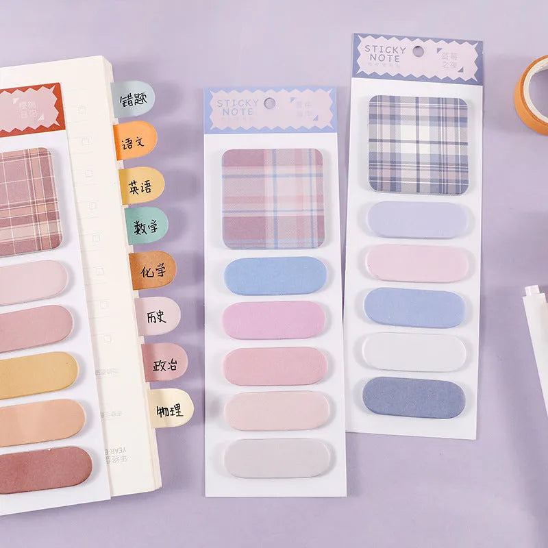 Colourful plaid memo pad sticky notes pack with six designs, 120 sheets total, each sheet 67mm by 200mm.