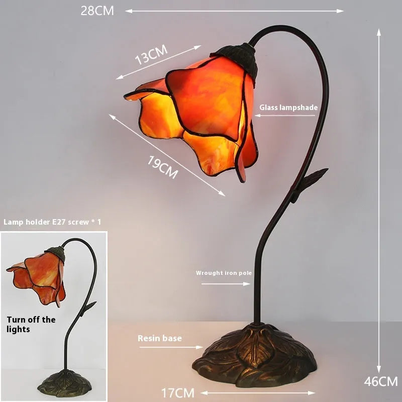 American classical retro style glass table lamp with ornate lotus shade, shown in a beige double head configuration.