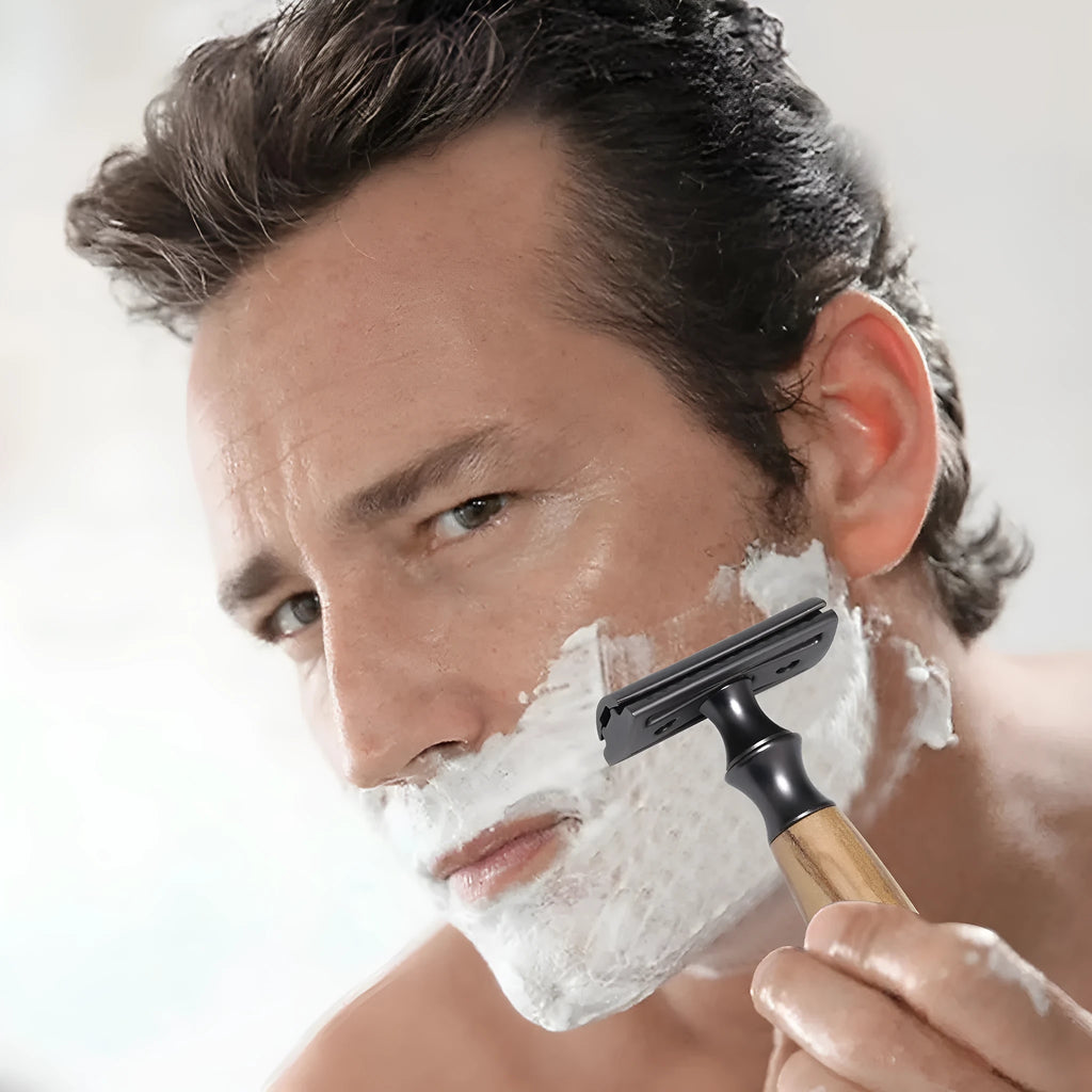 Men's copper manual shaving razor with olive wood handle and zinc alloy blades on razor holder
