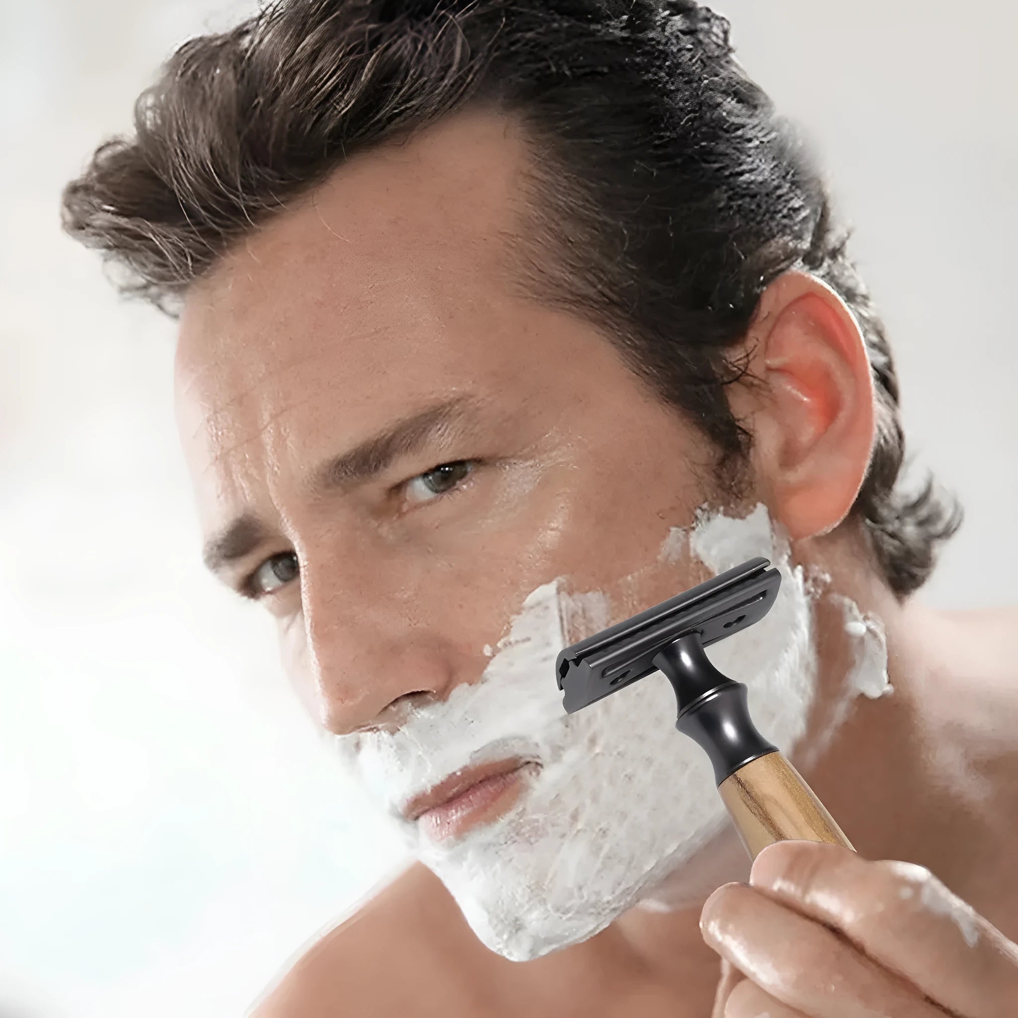 Men's copper manual shaving razor with olive wood handle and zinc alloy blades on razor holder