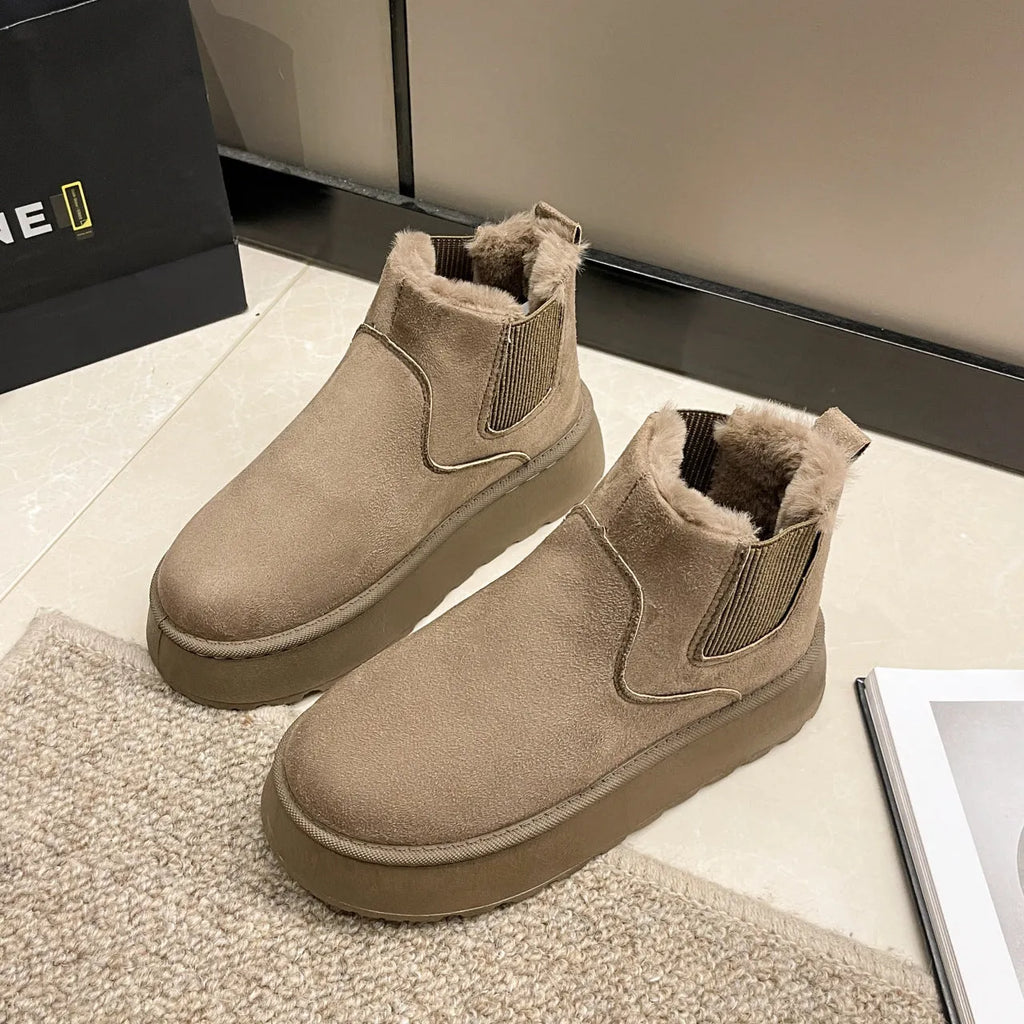 Women's plush snow boots in milky white with flat heel, round toe, faux PU upper, and short plush lining