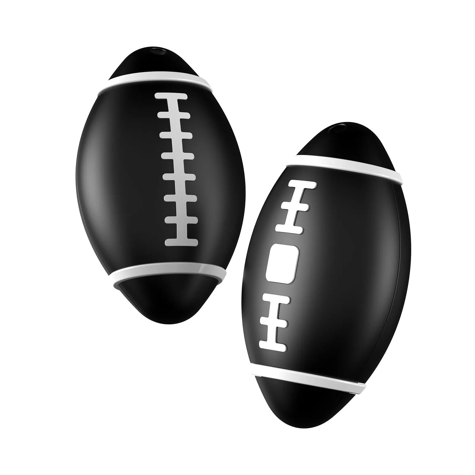 Black rugby-shaped anti-loss alarm device showing front view and size