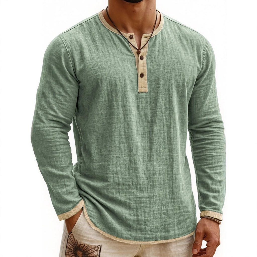 Digital printing two-tone men's Henley shirt with three-button placket and long sleeves in slim fit
