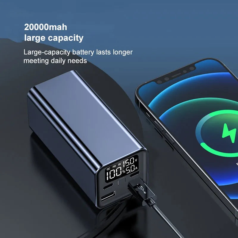 65W metal power bank with 20000mAh capacity for laptop charging, shown in black, blue, and grey colour options.