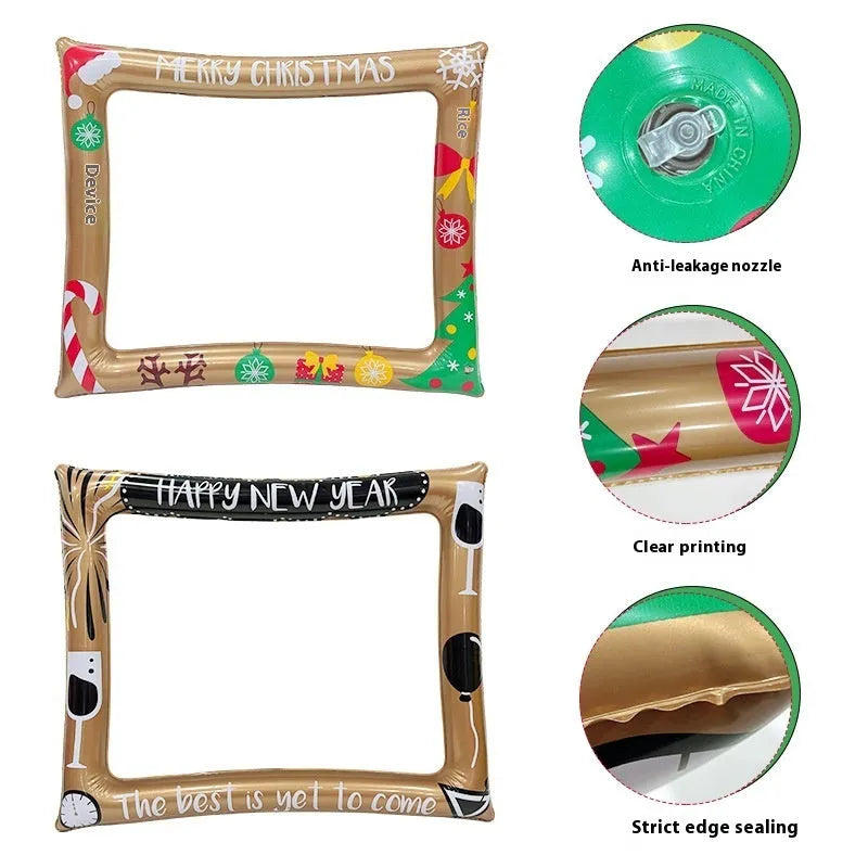 Red and white Christmas-themed inflatable photo frame prop with festive designs.