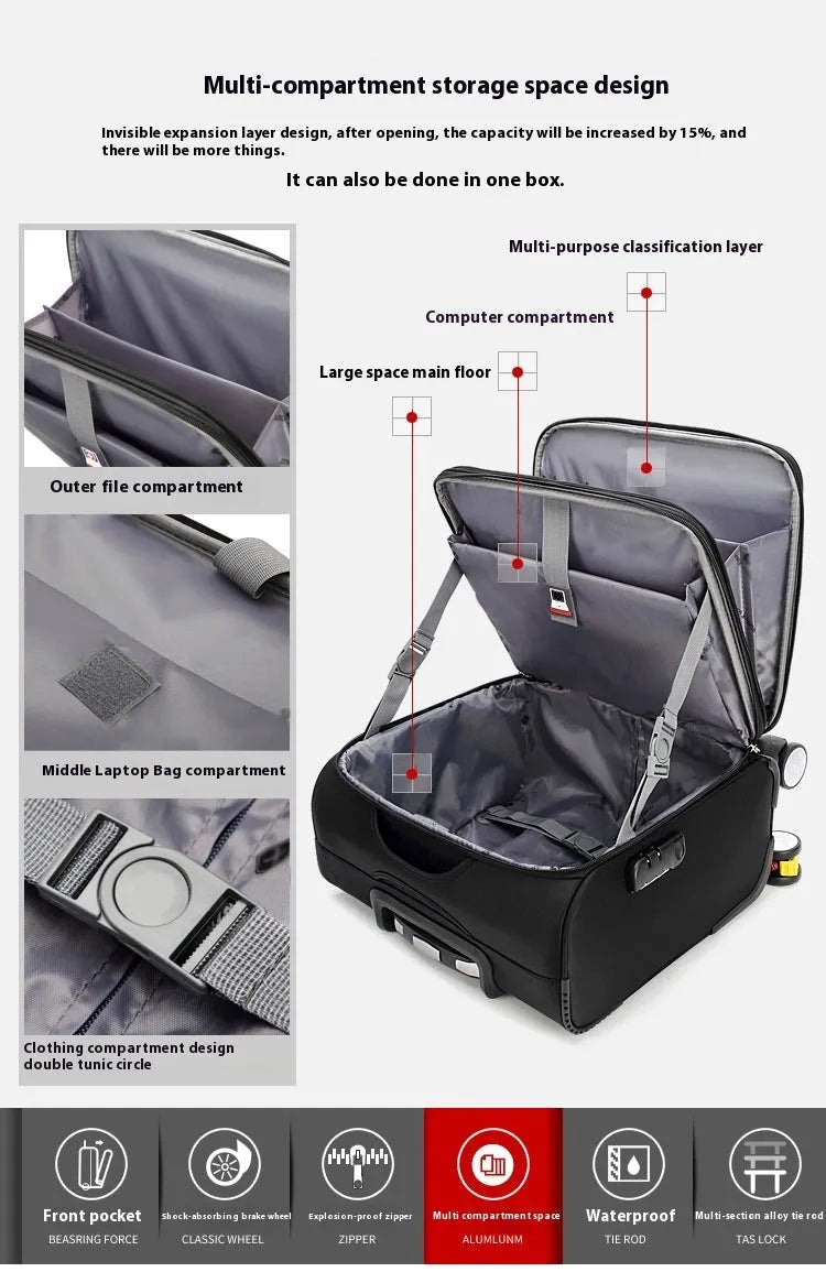 Black 18-inch carry-on cabin suitcase with retractable handle, four wheels, and combination lock on anti-theft zips.