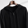 Men's cashmere zip-up knit cardigan jacket in Elegant Camel, loose fit, hooded, front view