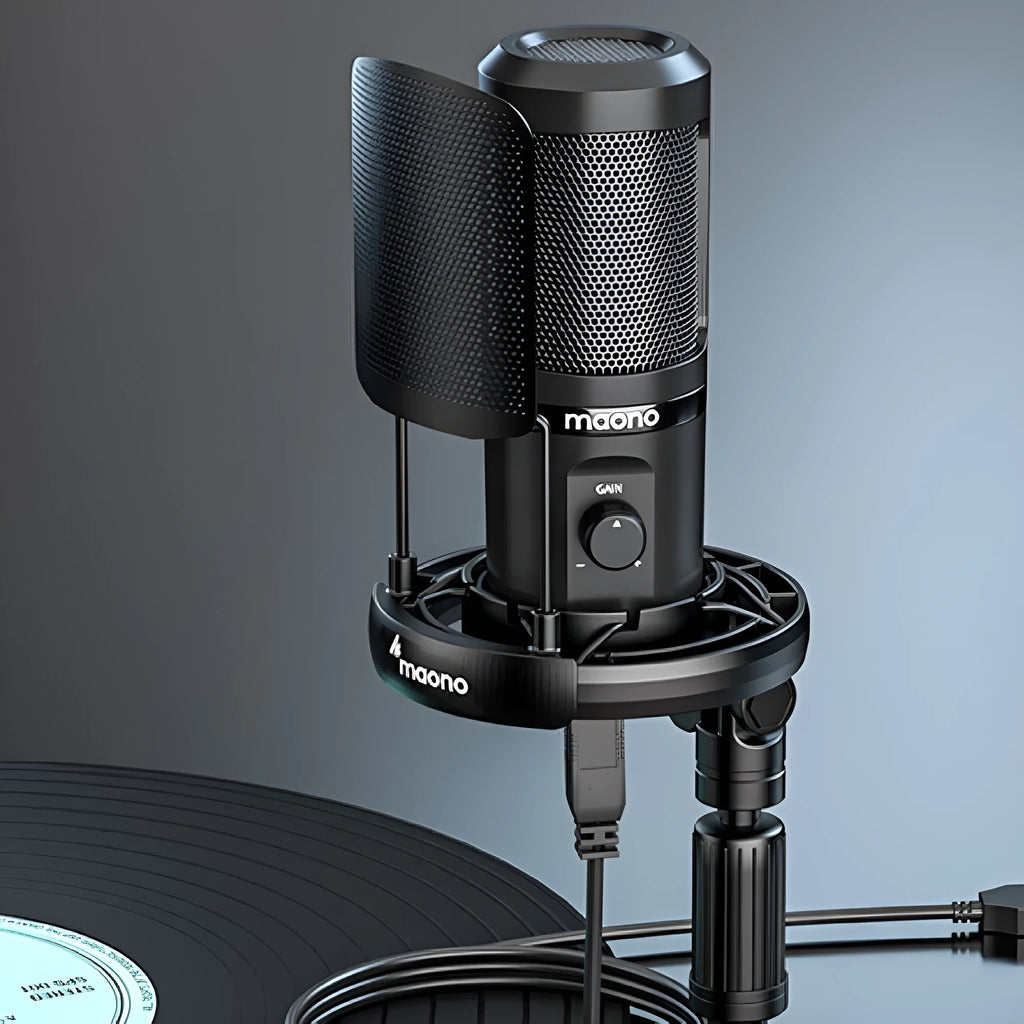 Black USB studio microphone on tripod with shock mount and 150cm cable for desktop recording