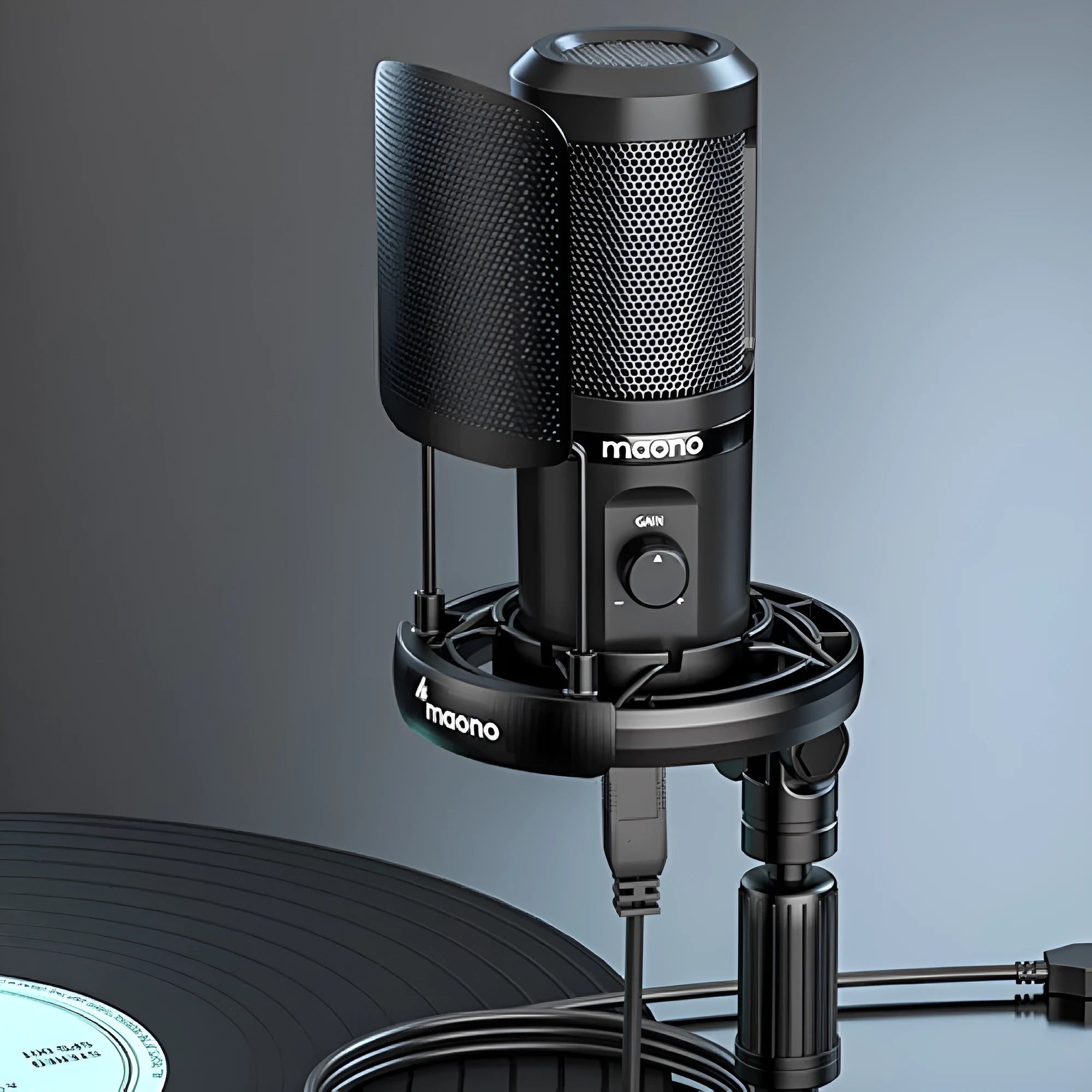 Black USB studio microphone on tripod with shock mount and 150cm cable for desktop recording