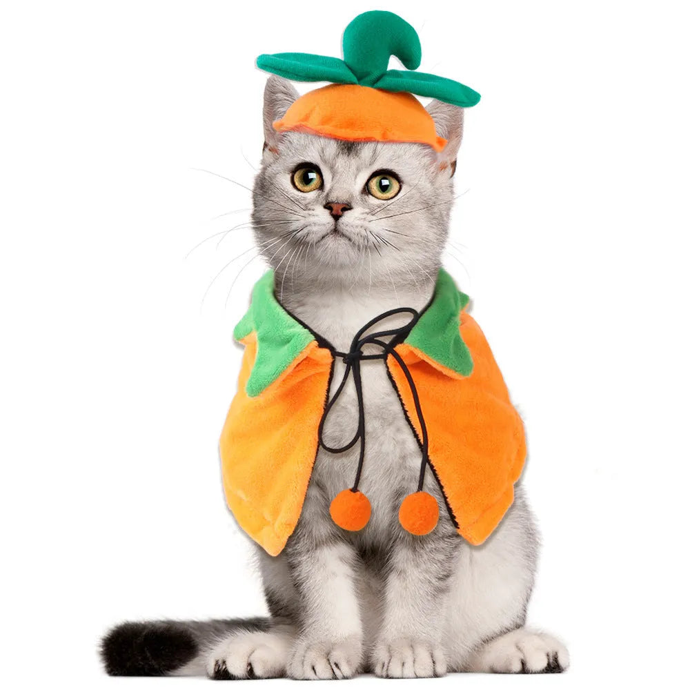 Plush Halloween cloak for pets with double-sided design in pumpkin colours