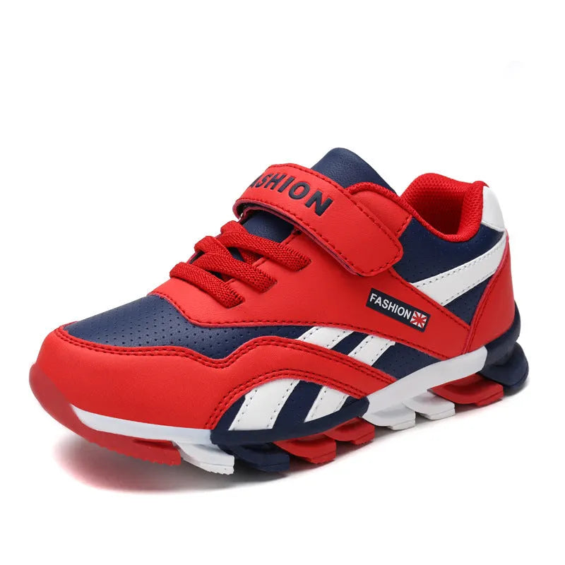Children's cotton magic sports running shoes with Velcro fastening in grey leather surface