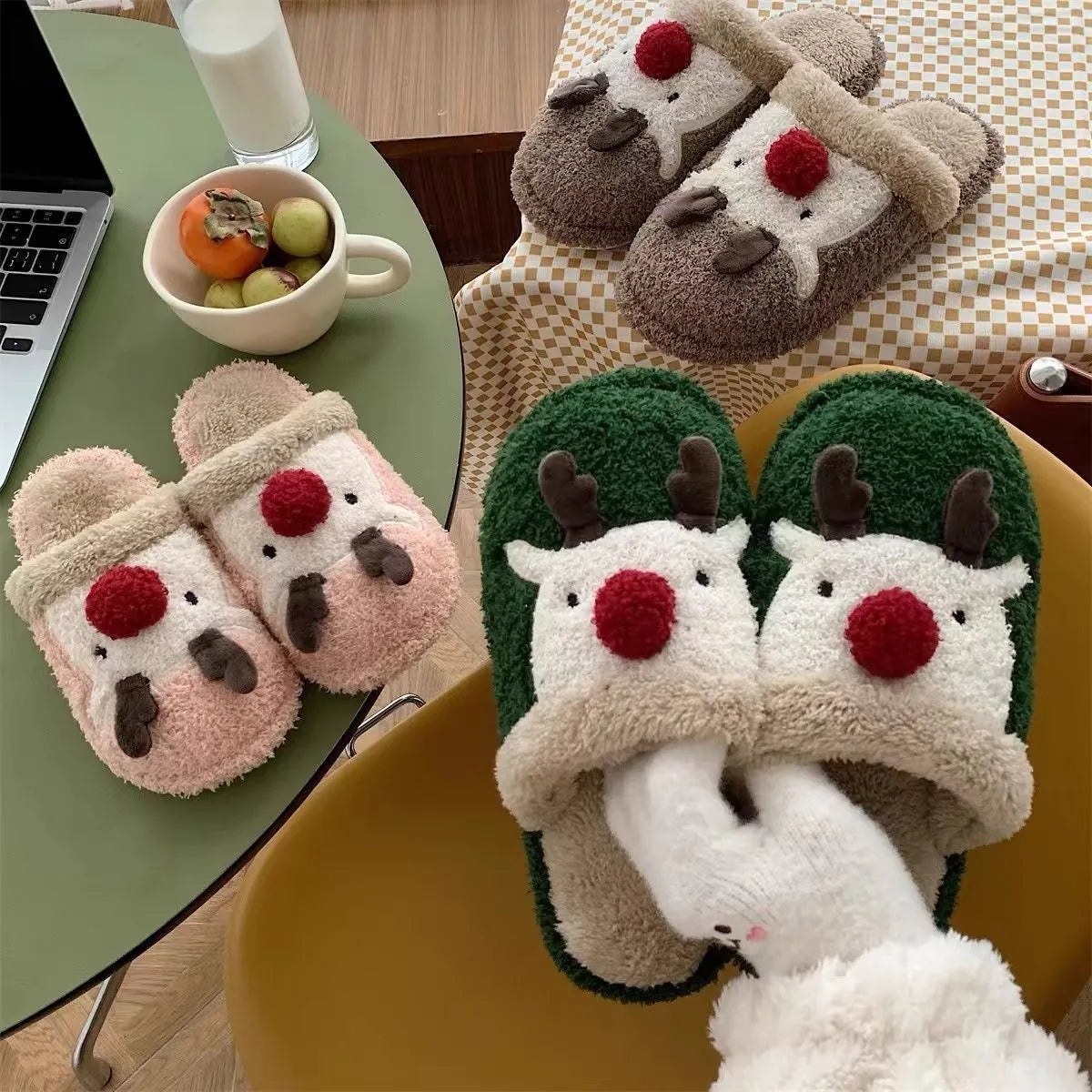 Women's brown Christmas elk plush slippers with non-slip PVC sole