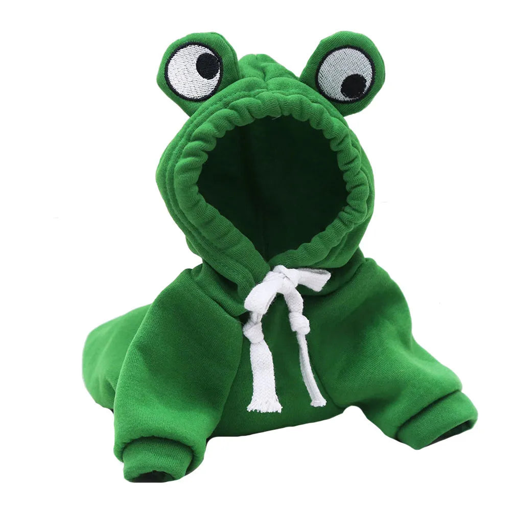 Green frog costume hoodie on a small dog, showing hood with frog face and four-legged jumper fit.