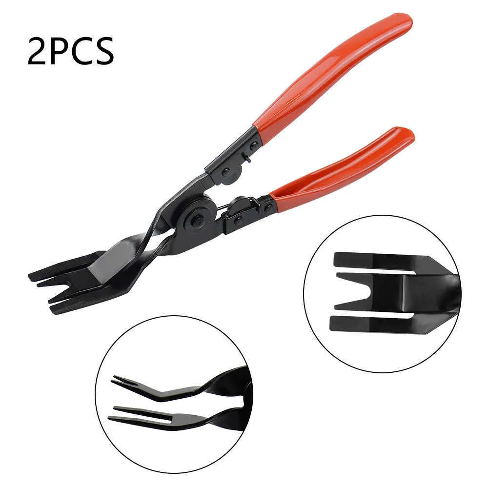 Red-handled steel automotive pliers for General Motors door panel clip removal.