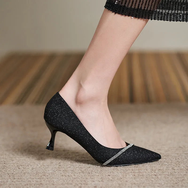 Black French style sequined high heels with 7CM stiletto heel and low-cut upper