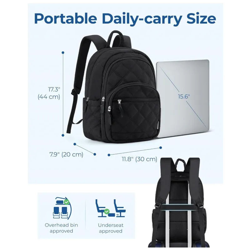 Nylon travel laptop backpack 30x20x44cm in black with air cushion shoulder straps and plaid stitching detail