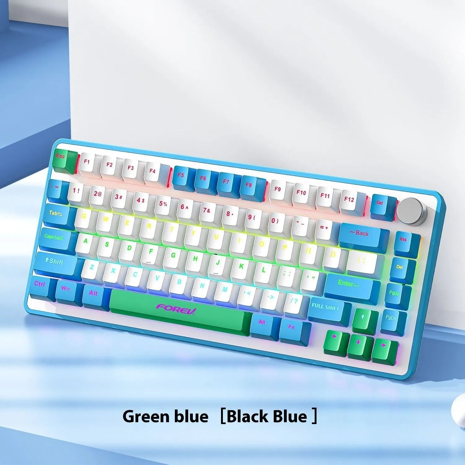 Custom mechanical keyboard and wireless mouse in selected colour option with backlight illumination.