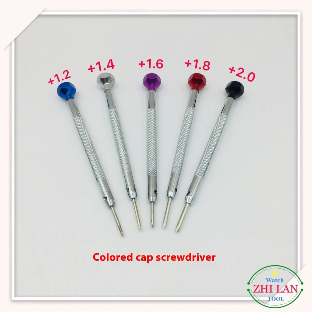 Six-piece watch repair screwdriver set with coloured aluminium handles and spring steel cutter heads