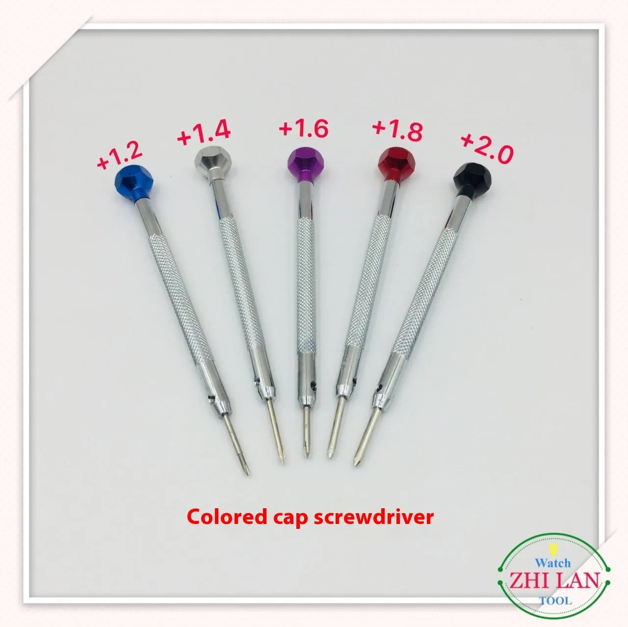 Six-piece watch repair screwdriver set with coloured aluminium handles and spring steel cutter heads