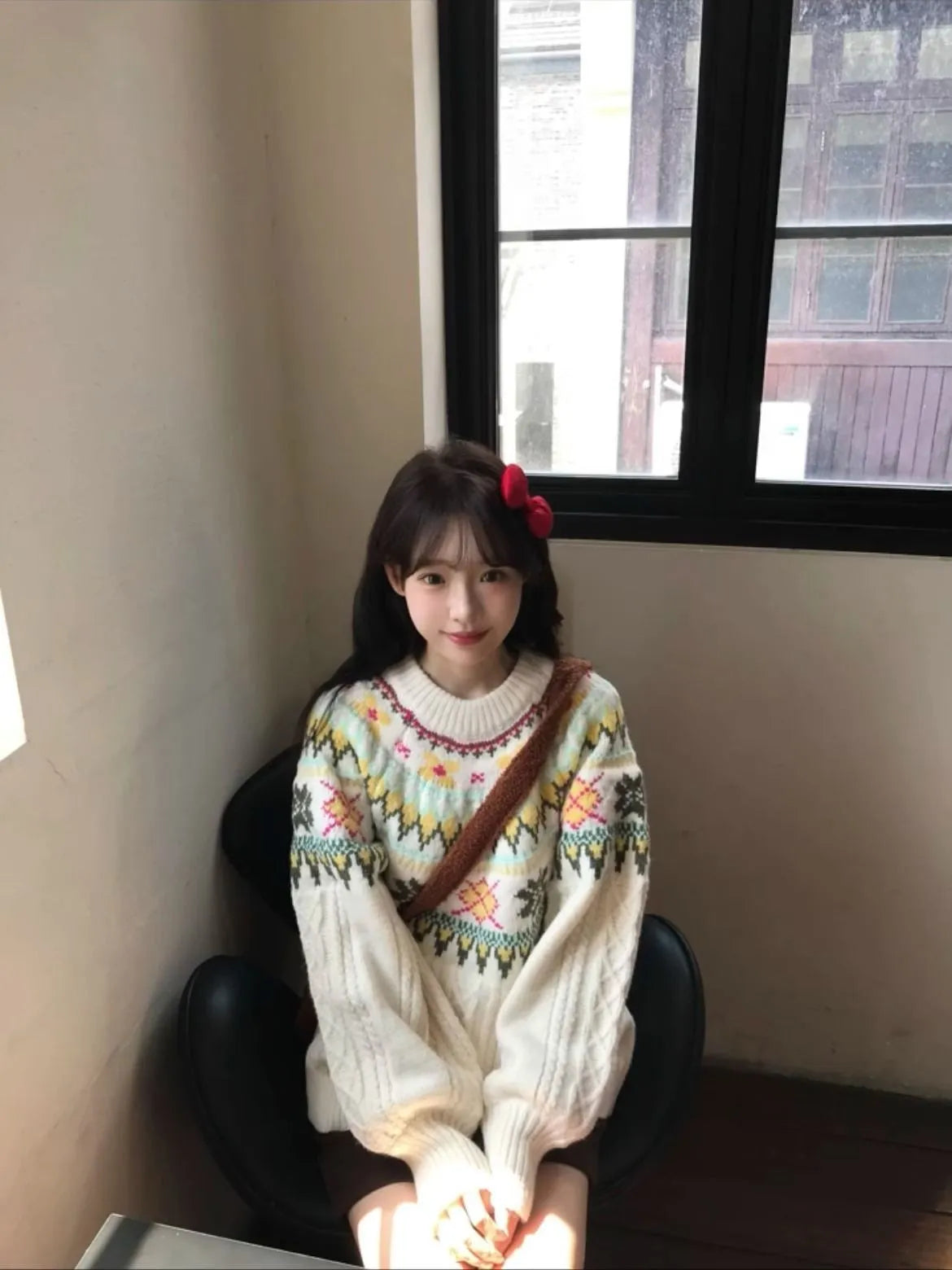 Women's milky white lantern sleeve acrylic knitwear pullover sweater on hanger