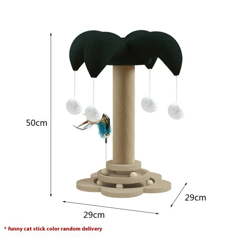 Solid wood cat scratching post with sisal rope and a rotating turntable in a panda design.