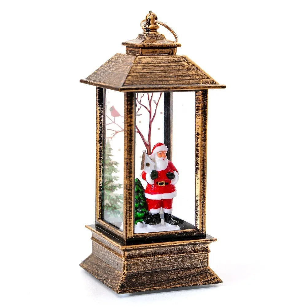 Small plastic Christmas portable oil lamp with Santa Claus figure, battery powered LED night light, hanging lantern design