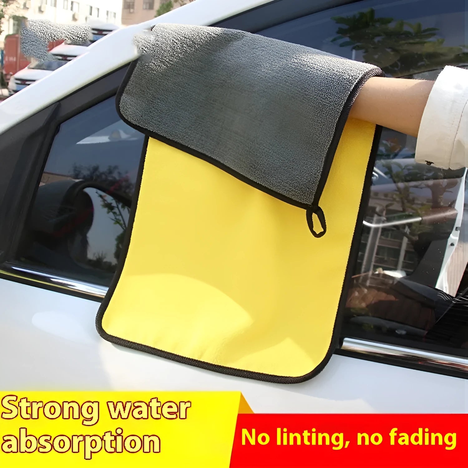 Yellow and grey thickened microfibre car wash towel measuring 30x60cm for vehicle drying