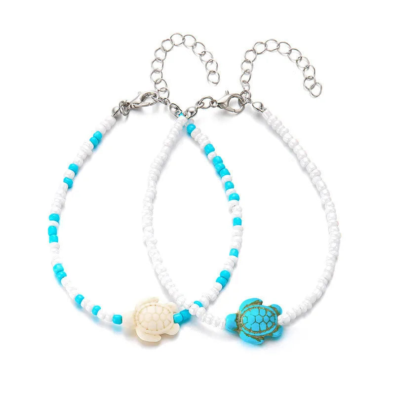 Summer fashion beads string women anklets set of two with starfish turtle stitching star bead design