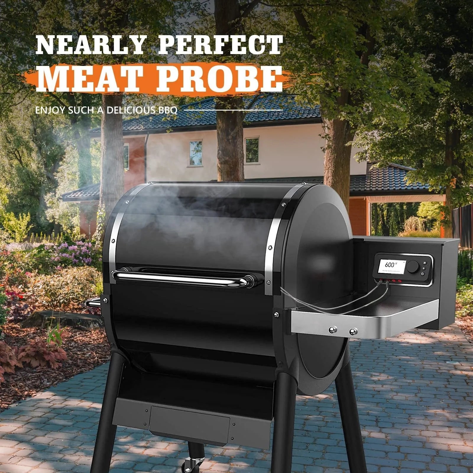 Silver portable home oven meat temperature probe on a kitchen surface for accurate cooking