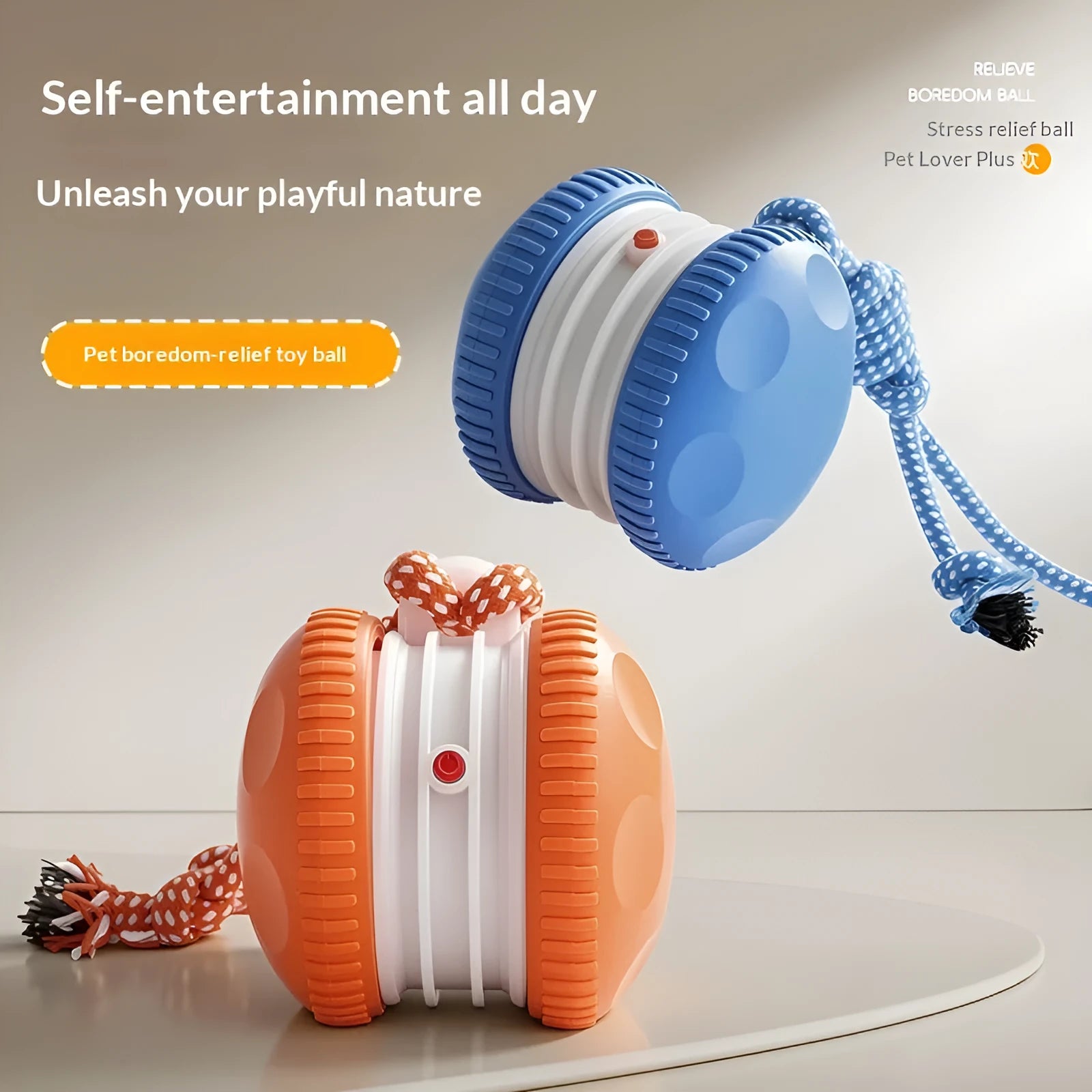 Rechargeable rolling pet ball toy in orange and blue made of ABS plastic for cats and dogs
