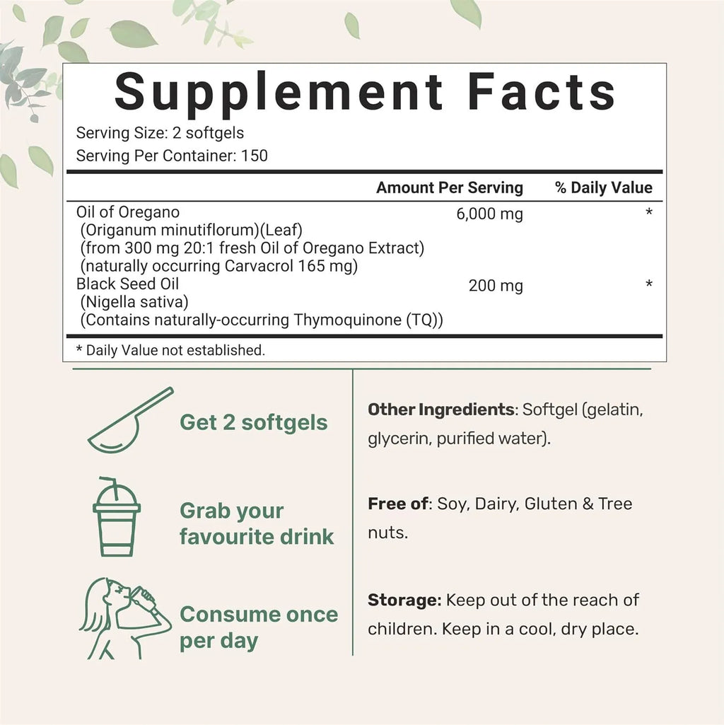 Butter black seed oil soft gel capsules in bottle showing 180 or 300 tablet packaging options