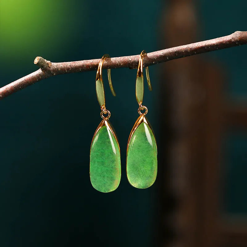 Jade green geometric Chinese-style earrings with water droplet design on copper with gold electroplating